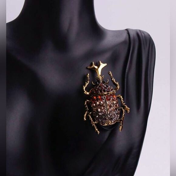Vintage Inspired Beetle Brooch, Rhinestone Accent, Gold Tone, Statement … - Picture 1 of 6